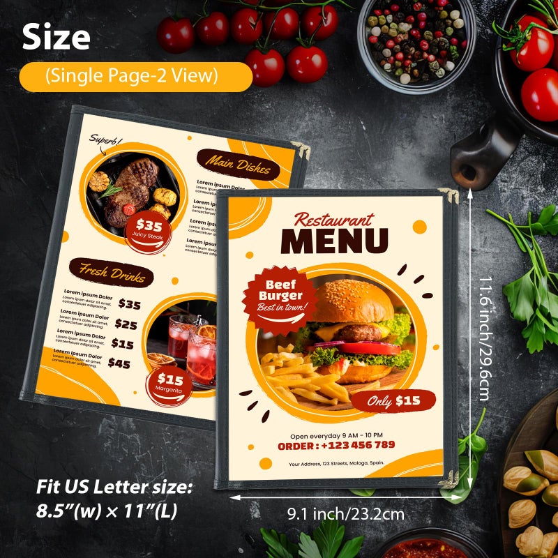 FLK Tech أغلفة قائمة مطعم FLK Tech 10 حزمة 4 صفحة 8.5 × 11 بوصة، حامل قائمة شفاف PVC 4 صفحة 8 عرض، يغطي قائمة المطعم يناسب ورق 8.5" × 11"، أكمام قائمة مطعم مزدوجة الخياطة، قائمة النبيذ - Image 2